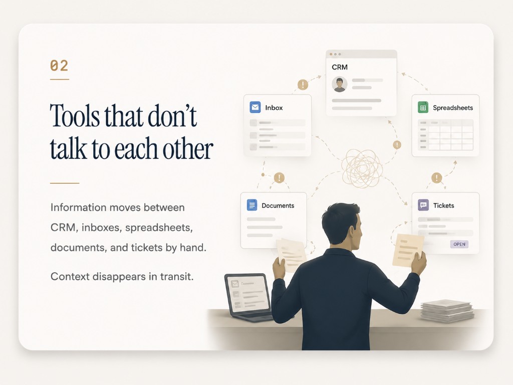 Tools that don't talk to each other.Information moves between CRM, inboxes, spreadsheets, documents, and tickets by hand.