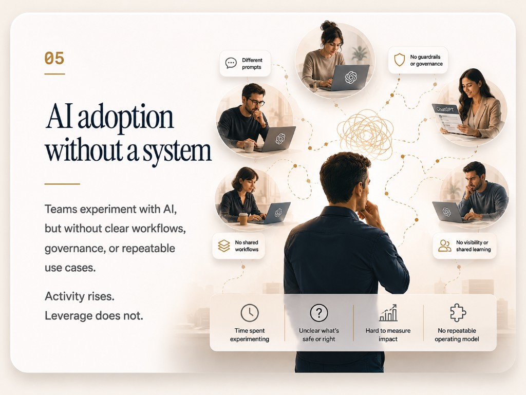 AI adoption without a system.Teams experiment with AI, but without clear workflows, guardrails, or repeatable use cases.